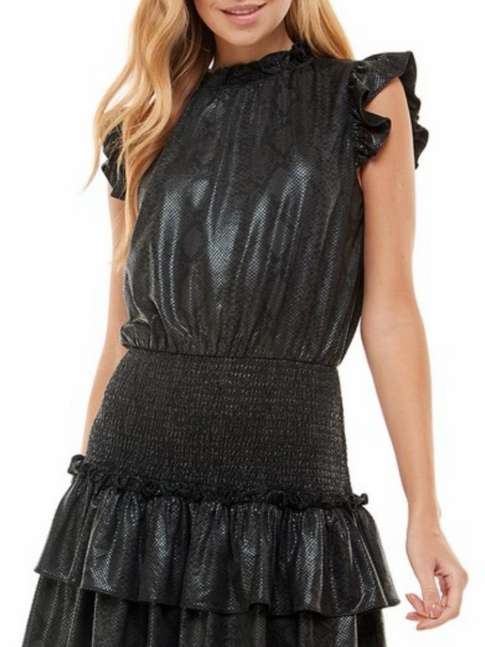 TCEC Faux Leather Black Snake Smocked Ruffle Tiered Mini Dress - Picture 2 of 10